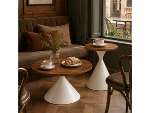 Lot de 2 tables rondes ø70 x h40 cm et ø50 x h50 cm – aspect noyer – usage polyvalent au salon