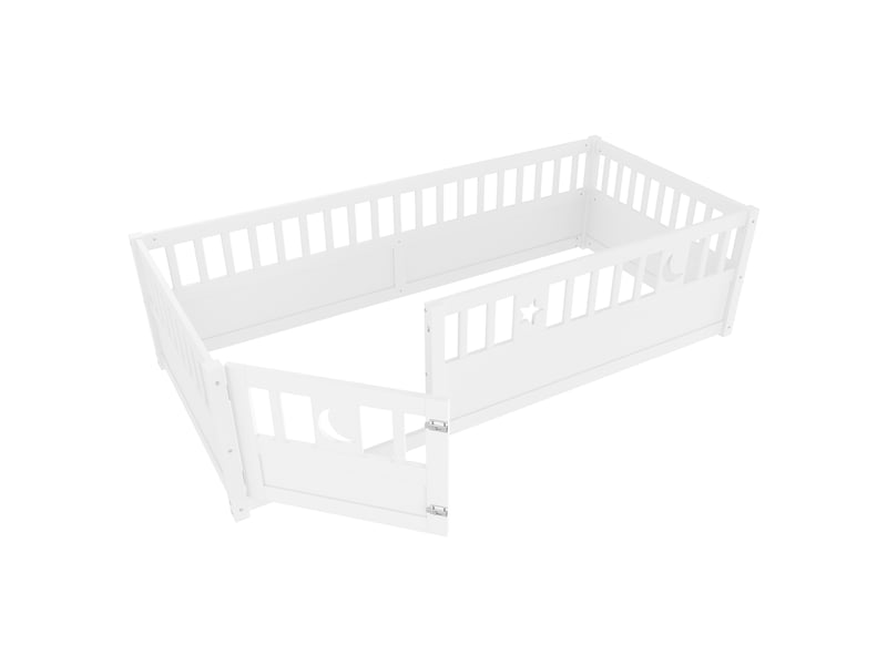  Lit enfant 90x190 cm blanc, barrières, étoiles et lune, style minimaliste, sans sommier ni matelas  - Conforama D