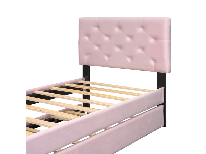  Lit enfant 90x200 cm avec lit gigogne, tête à boutons et sommier, velours et mdf, rose, sans matelas  - Conforama E