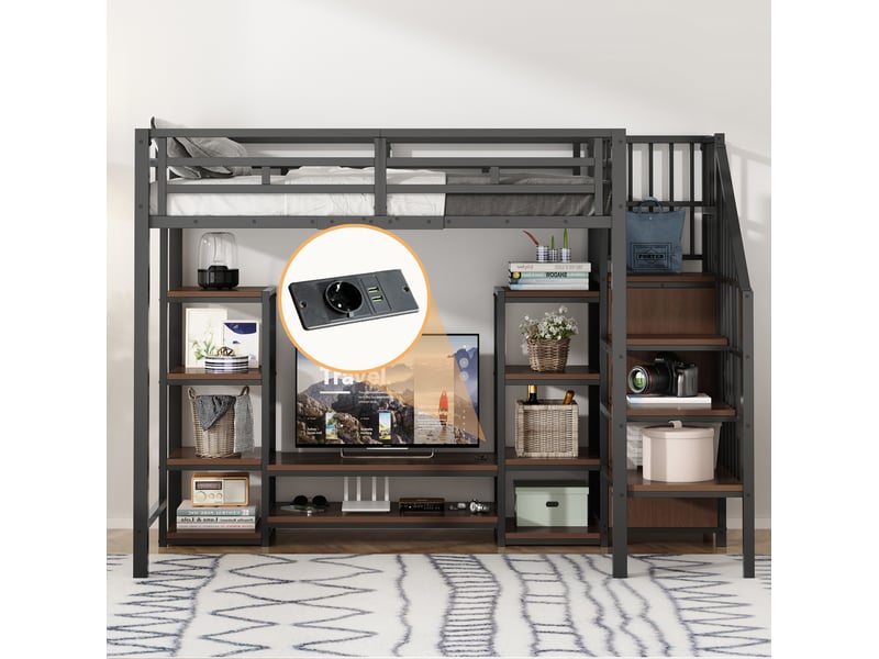  Lit mezzanine 90x200 support télévision, prise intégrée, échelle sécurisée, gain de place, métalmdf, noir sans matelas  - Conforama R