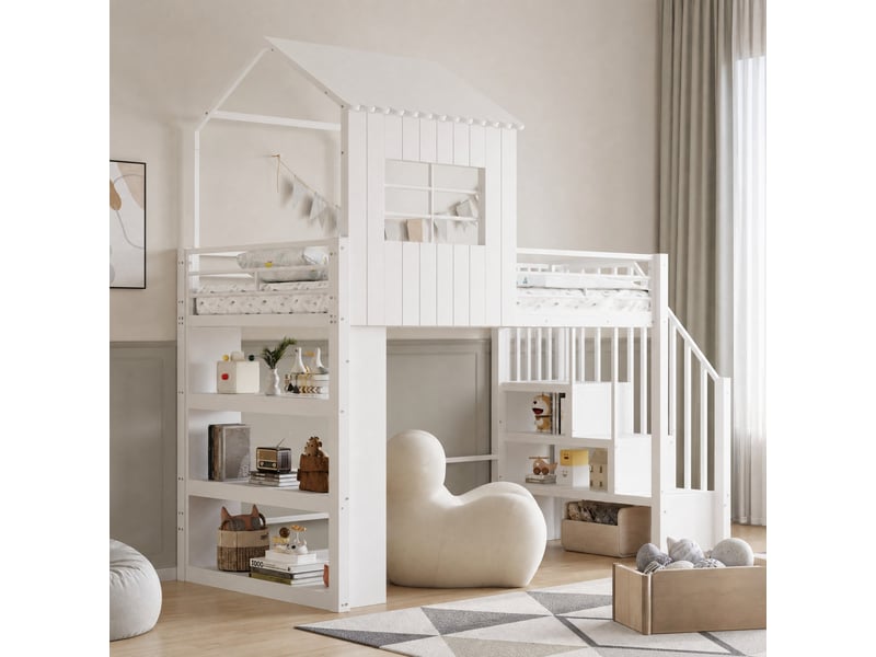  Lit mezzanine enfant 90 x 200 cm blanc avec structure maison, escalier de rangement réversible et étagère  - Conforama D