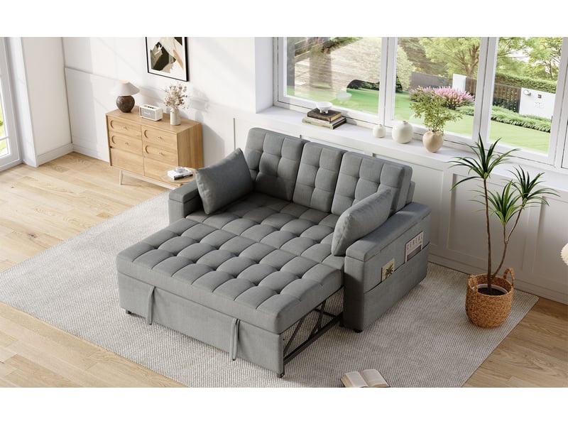  Canapés-lit 3 en 1, convertible 2 places avec coffre de rangement et accoudoirs multifonction - tissu coton-lin - gris  - Conforama B
