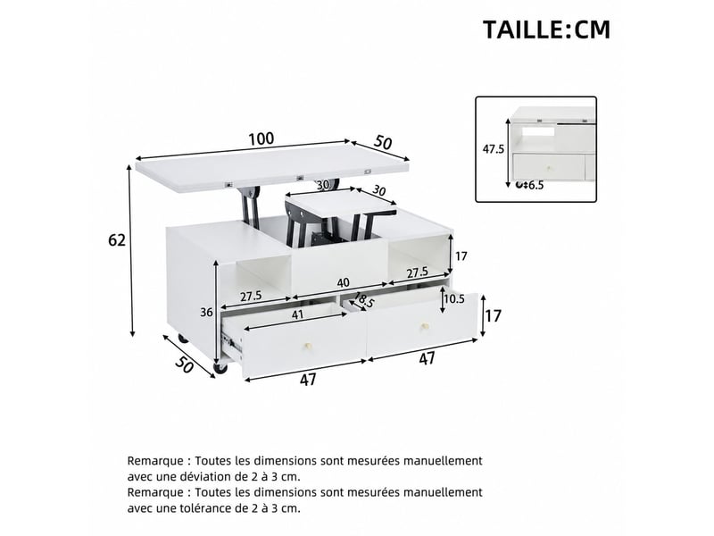  Table basse relevable à roulettes avec plateau pliant et 4 tiroirs – mdf blanc – 100 x 50 x 47,5 cm  - Conforama D
