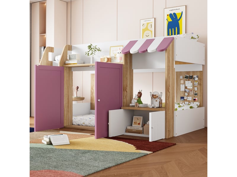Lit mezzanine 90x200 cm coloris rose bois massif lit enfant rose - Conforama E