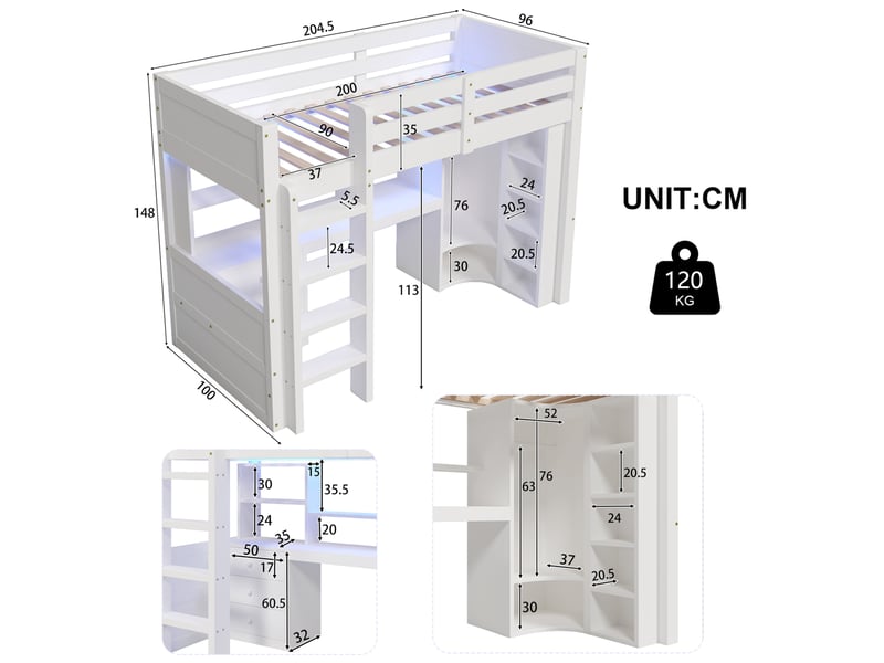  Lit mezzanine enfant 90x200 cm, led, armoire, bureau, tiroirs et compartiments de rangement, pin blanc, sans matelas  - Conforama C