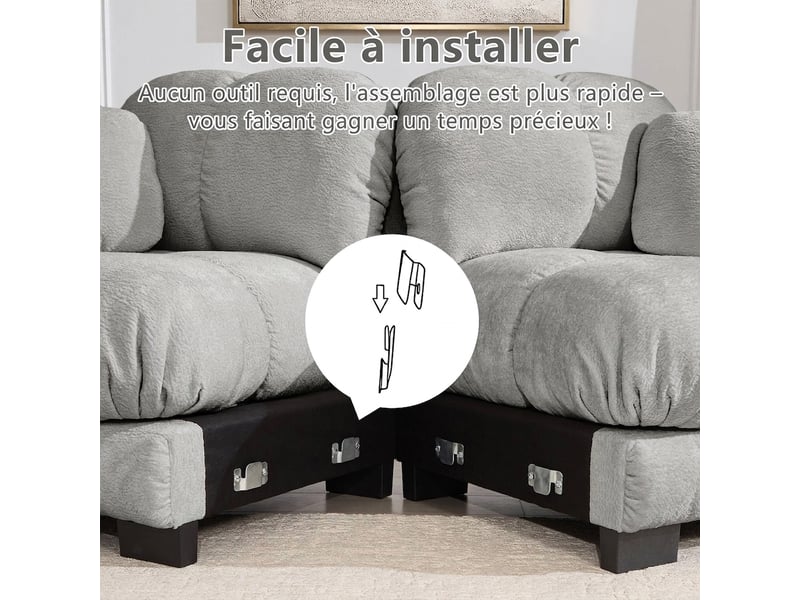  Canapé d'angle 3 places avec méridienne mobile chenille 260 x 149 x 90 cm gris clair moelleux  - Conforama R