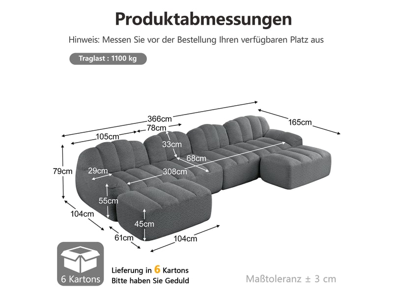 Canapé panoramique coquille 4 places, 2 poufs gris – 366 x 165 x 79 cm Fay Lum - Conforama C