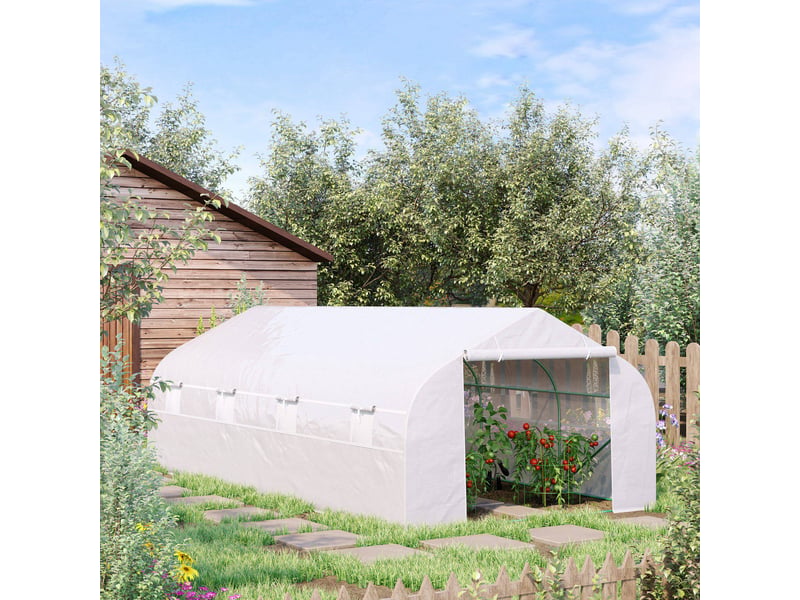  Serre tunnel de jardin 18 m² dim. 5,95l x 3l x 2h m porte + 8 fenêtres enroulables acier galvanisé bâche pe haute densité blanc  - Conforama D
