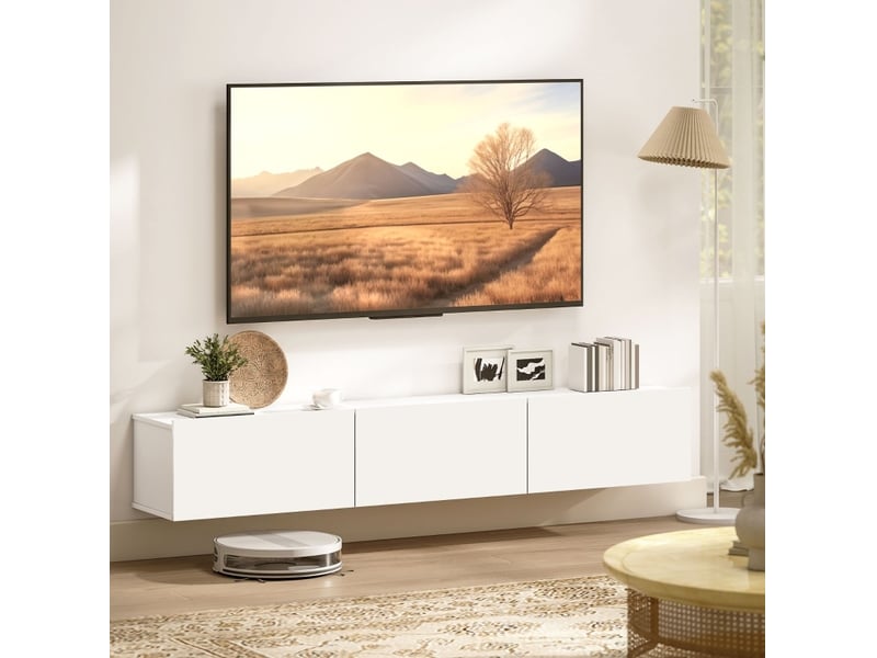  Meuble tv mural avec 3 compartiments abattants et fermeture douce, grand rangement moderne pour salon, en bois blanc  - Conforama B