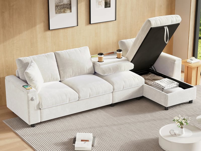  Canapé d'angle modulaire,3 places, accoudoirs avec rangements,en tissu chenille,280x137x84 cm,beige  - Conforama B
