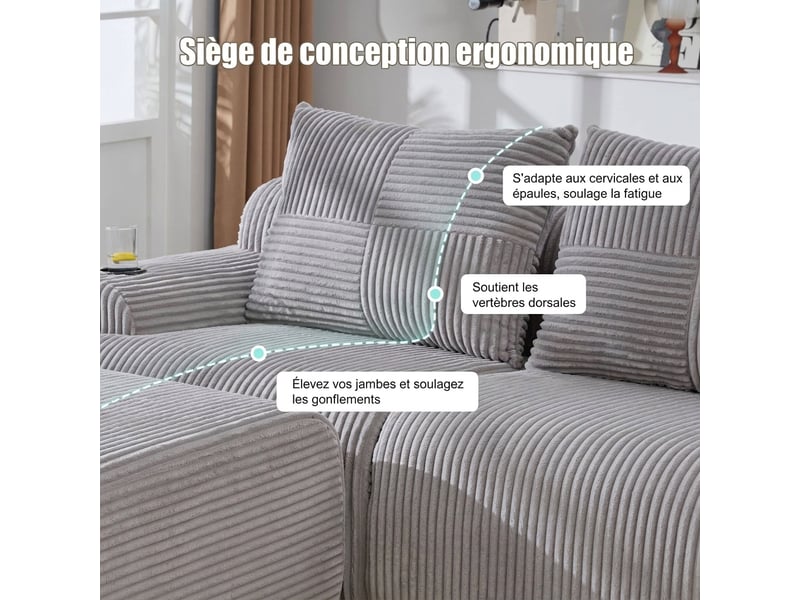  Canapé modulaire 3 places en velours côtelé gris clair - 268 x 174 x 80 cm, avec rangement  - Conforama R