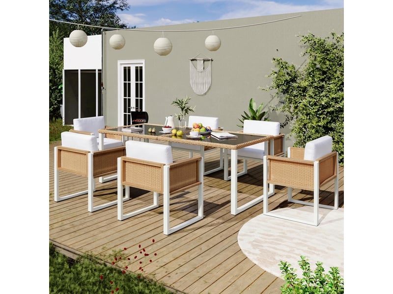 Ensemble de mobilier de jardin en polyrotin 170 x 80 cm, ensemble repas de jardin pour 6 personnes avec table en verre, fauteuils et housses lavables. - Conforama D