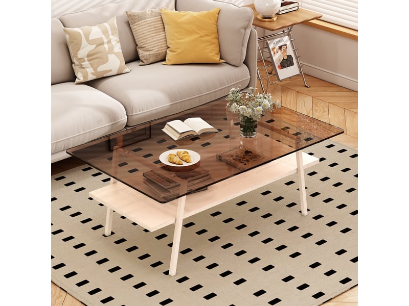  Table basse rectangulaire en verre trempé avec étagère mdf - lpospi - pieds métal blancs verre brun 98 × 58 × 42,5 cm  - Conforama C