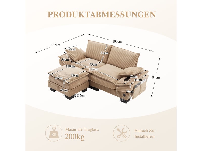 Canapé d'angle réversible fixe 2 places tissu kaki - Conforama C