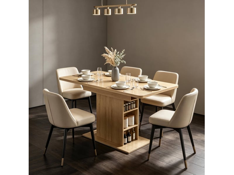  Table de salle à manger extensible 4 à 6 personnes avec 6 étagères ouvertes et rangement central en mdf naturel  - Conforama D