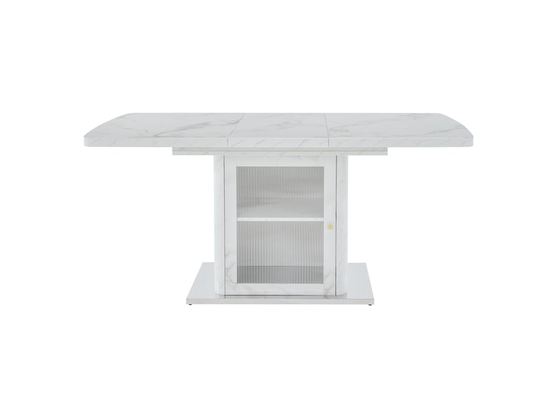  Table à manger moderne rectangulaire 120cm-160cm extensible avec plateau effet marbre blanc imprimé et pieds avec rangement et base métallique  - Conforama A