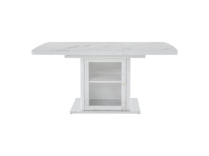 Table à manger moderne rectangulaire 120cm-160cm extensible avec plateau effet marbre blanc imprimé et pieds avec rangement et base métallique
