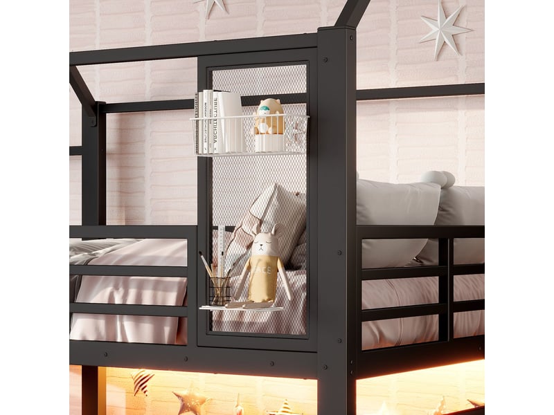  Lit enfant 140 x 200 cm structure métallique noire en forme de maison toboggan intégré escalier d'accès rangement intégré éclairage led commandé par bluetooth sécurité contrôlée selon en 747  - Conforama D
