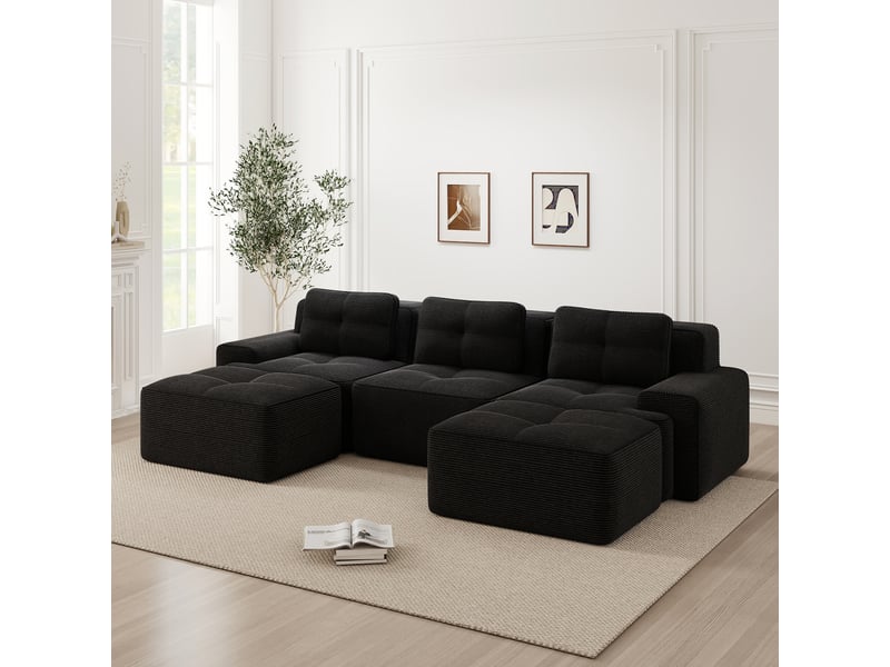Canapé modulable 3 places noir, canapé panoramique en u avec ottoman, revêtement côtelé, design sans pieds pour salon moderne - Conforama B