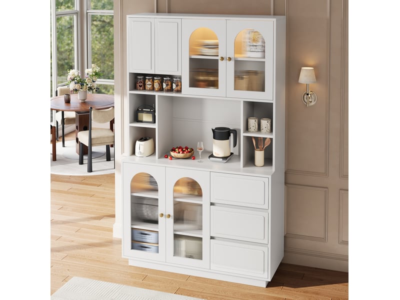 Buffet haut 4 portes, 3 tiroirs, étagères réglables et led pilotée par application pour cuisine blanc 106 × 30 × 175 cm - Conforama E