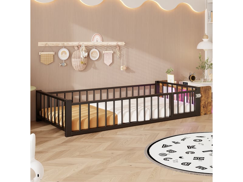  Lit enfant en métal - cadre métallique stable - dimensions 90x200 cm - couleur noir - garde-corps de sécurité 224x95x35.5cm - Conforama C