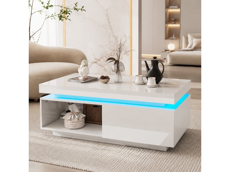 Ensemble meuble tv et table basse avec led en panneau de particules blanc brillant - Conforama B
