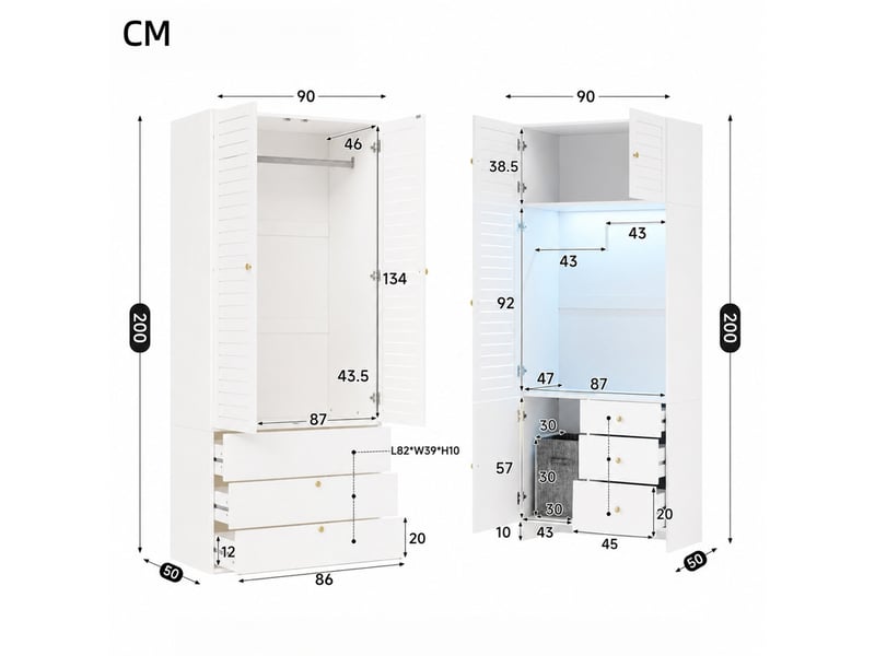  Armoire avec panier à linge et éclairage led, 180 x 50 x 200 cm, armoire multifonction à portes battantes, 2 tringles, 1 panier à linge et 6 tiroirs, blanc  - Conforama C