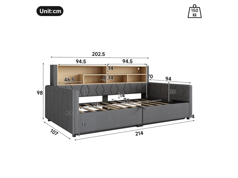  Lit coffre hydraulique 90x200 cm avec led, usb-a et usb-c, tissu lin gris, structure mdf, sans matelas  - Conforama C