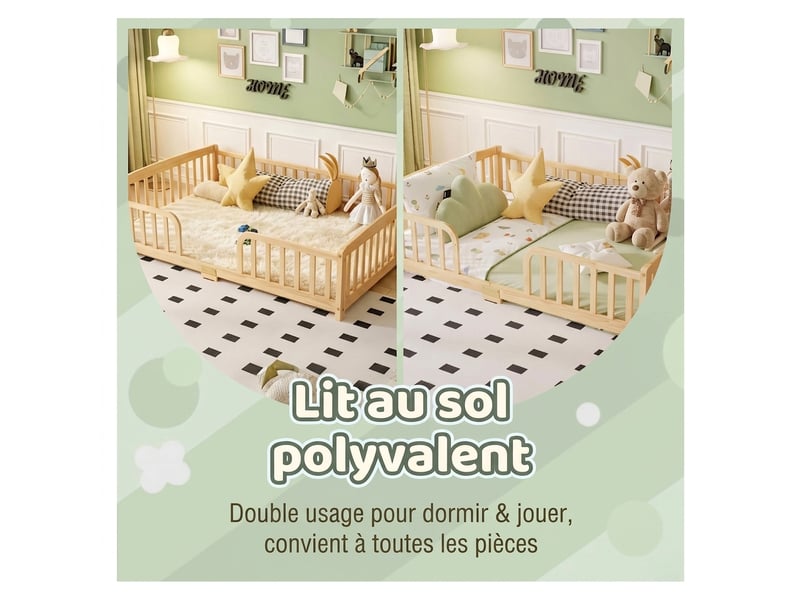  Lit au sol enfant 140x200 cm avec barrière de sécurité - bois de pin naturel accès central  - Conforama D