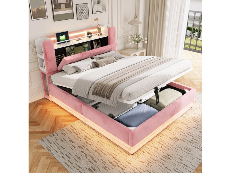 Lit coffre 2 places 160x200 cm en velours rose avec led, usb et rangement hydraulique, sans matelas - Conforama B