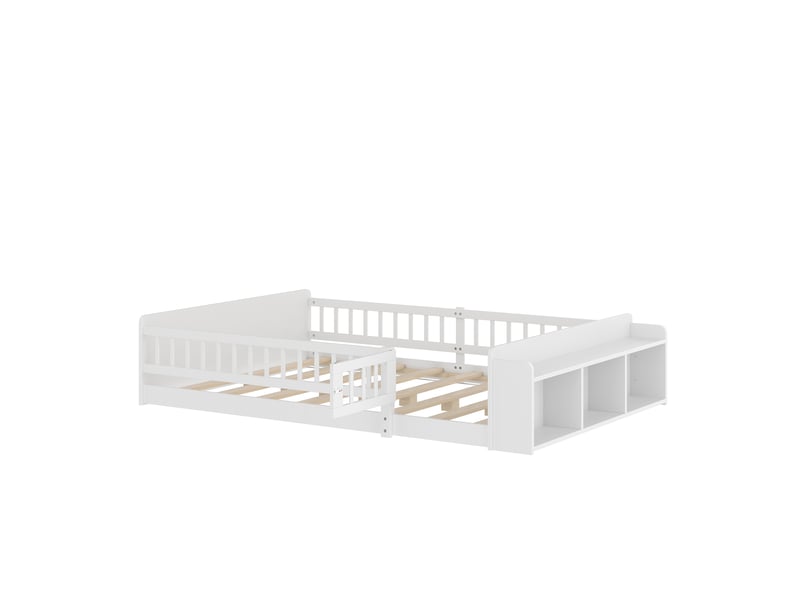  Lit enfant en pin blanc 140 × 190 cm, rangement ouvert, étagères et coffre ouvrable  - Conforama D