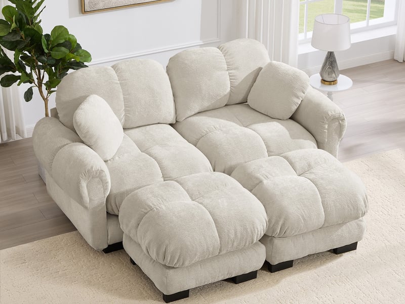  Canapé modulable u 2 places, chenille matelassé fin, coussins épais, 2 pouf amovible, 190x149x90cm, kaki clair  - Conforama B
