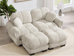 Canapé modulable u 2 places, chenille matelassé fin, coussins épais, 2 pouf amovible, 190x149x90cm, kaki clair