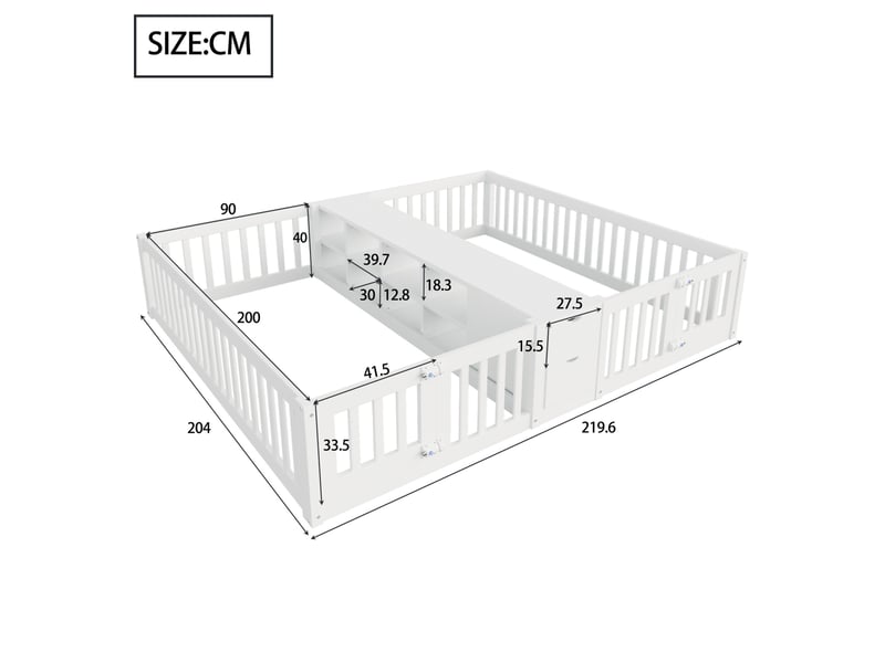  Lit enfant 90x200 cm - lit double jumeaux au sol 90x200 - avec barrières de sécurité, étagères centrales et tiroirs - bois de pin et mdf - blanc  - Conforama C