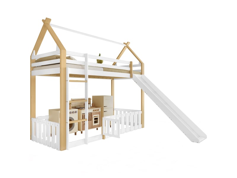  Lit superposé cabane enfant 90 x 200 cm avec toboggan, toit décoratif, espace de jeu clôturé, échelle, pin et mdf, blanc et effet bois naturel  - Conforama A