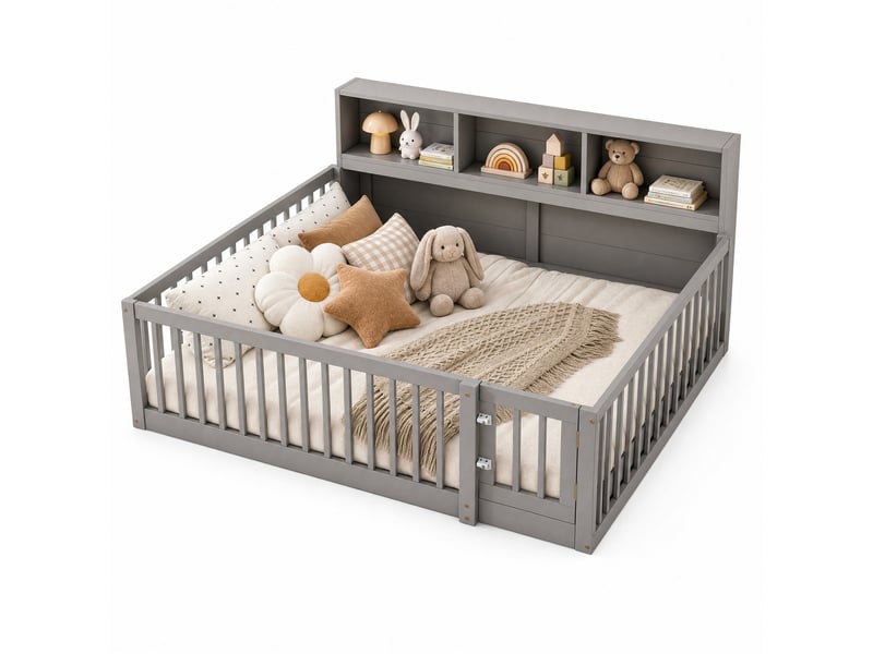  Lit banquette enfant 200×140 cm avec rangements latéraux et garde-corps ouvrant, avec sommier, sans matelas, gris  - Conforama A