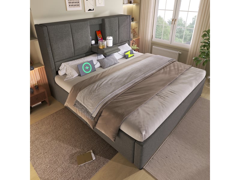  Lit coffre rembourré 140 x 200 cm, rangement hydraulique, porte-gobelet caché, station de recharge, sommier à lattes, lin, gris Bliss Lite - Conforama E
