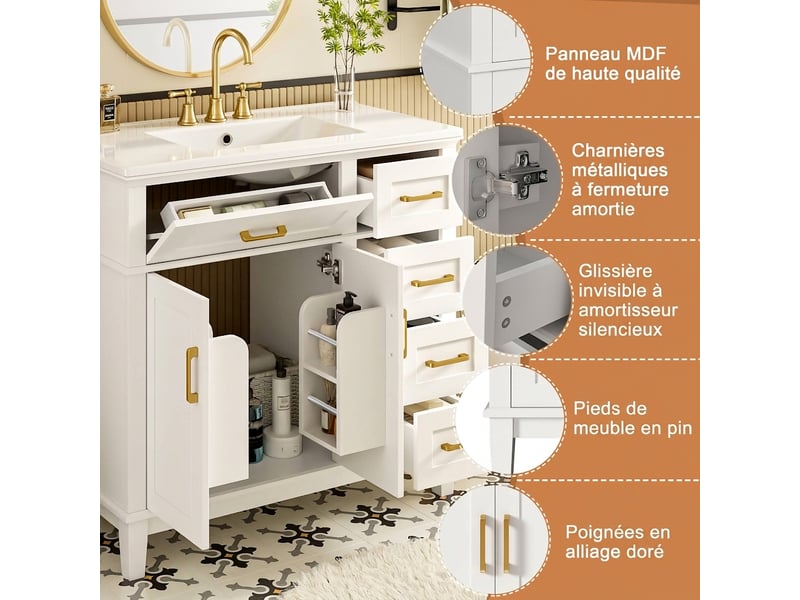 Meuble de salle de bain 90 cm avec vasque en céramique blanc et or - Conforama B