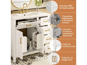 Meuble de salle de bain 90 cm avec vasque en céramique blanc et or