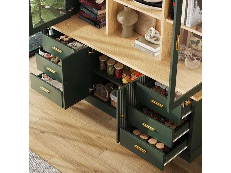  Buffet haut 140x40x185cm avec 6 grands tiroirs, portes vitrées et dispositif anti-basculement, meuble de rangement pour cuisine et salle à manger, vert evarich - Conforama D