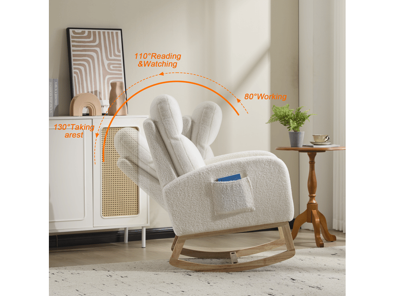  Fauteuil à bascule 75x63x104 cm – blanc – dossier haut ergonomique, poche latérale et tissu peluche doux  - Conforama E