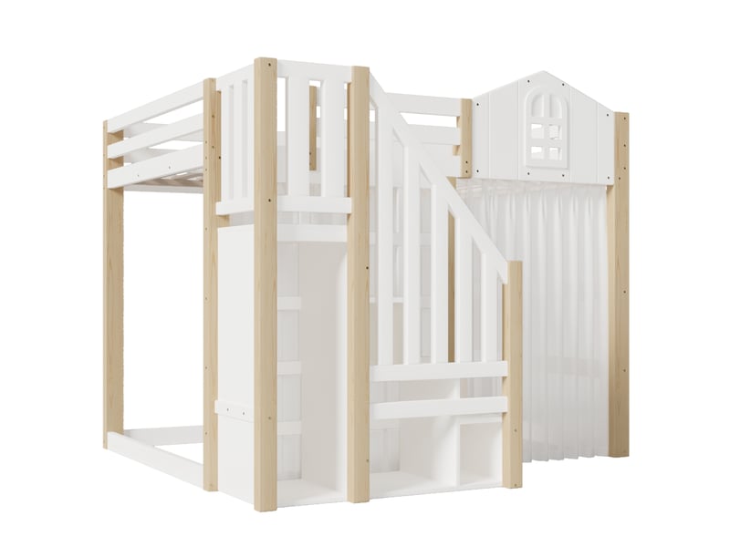 Lit mezzanine blanc et naturel 140 × 200 cm, led, échelle avec rangement et fenêtre - Conforama E