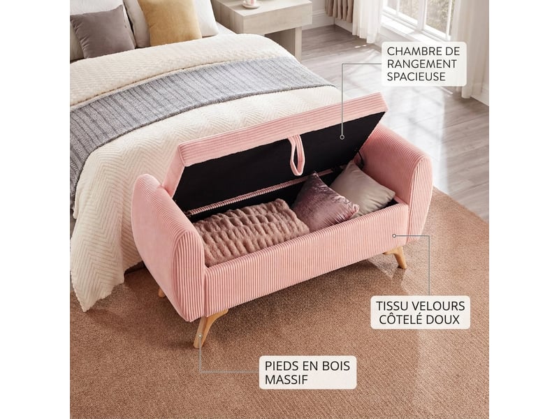  Banc de rangement rose 145 cm en velours côtelé avec coffre pliable et pieds en bois  - Conforama E