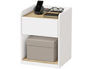 Table de chevet moderne, table de nuit avec tiroir à glissières, niche, plateau, passe-câbles, 42x37x55cm, blanc chêne