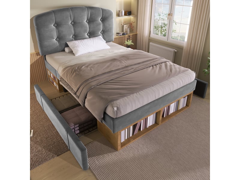  Lit simple pour enfant, avec tête de lit incurvée à hauteur réglable, tiroirs et espaces de rangement, en velours, gris - 90 x 200 cm  - Conforama D