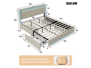 Lit avec rangement 180x200 cm <strong></strong> <strong></strong> coloris beige