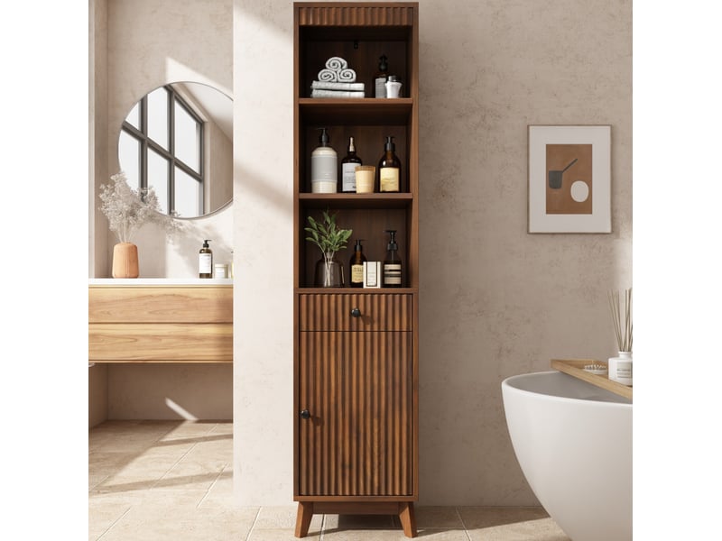 Armoire de salle de bain avec porte réversible, tiroir, niches ouvertes et fermeture douce, noyer, 40 × 36 × 172 cm - Conforama D