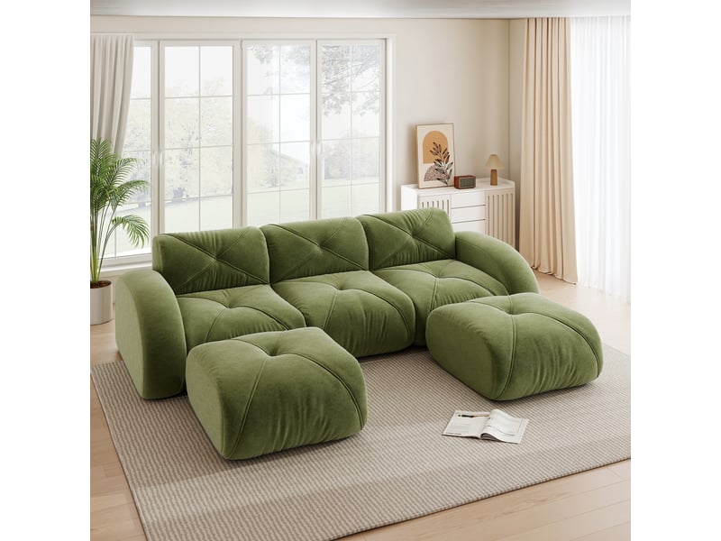  Canapé modulaire en u 3 places avec 2 poufs, assise moelleuse et design sans cadre, en chenille vert  - Conforama D