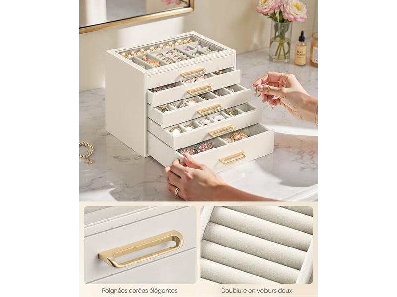  Grande boîte à bijoux femme avec 5 tiroirs et couvercle en verre, coffret cadeau, 24 x 17,2 x 18,4 cm, blanc  - Conforama C