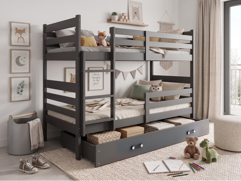  Lit superposé séparable 90x190 cm eric interbeds - bois massif de pin avec barrière, sommier et tiroir - gris  - Conforama D